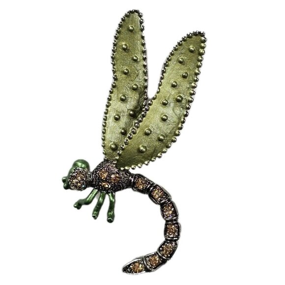 Unbranded Jewelry - Dragonfly Brooch PIN Green Enamel Wings & Amber Rhinestones Nature Jewelry VTG